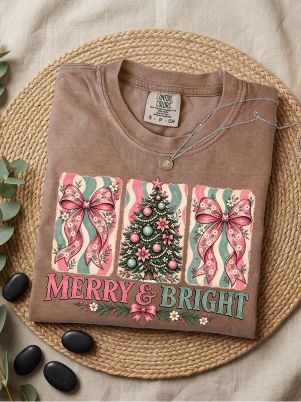 Comfort Colors Merry & Bright Holiday Tee - Espresso with Pink & Green Graphic